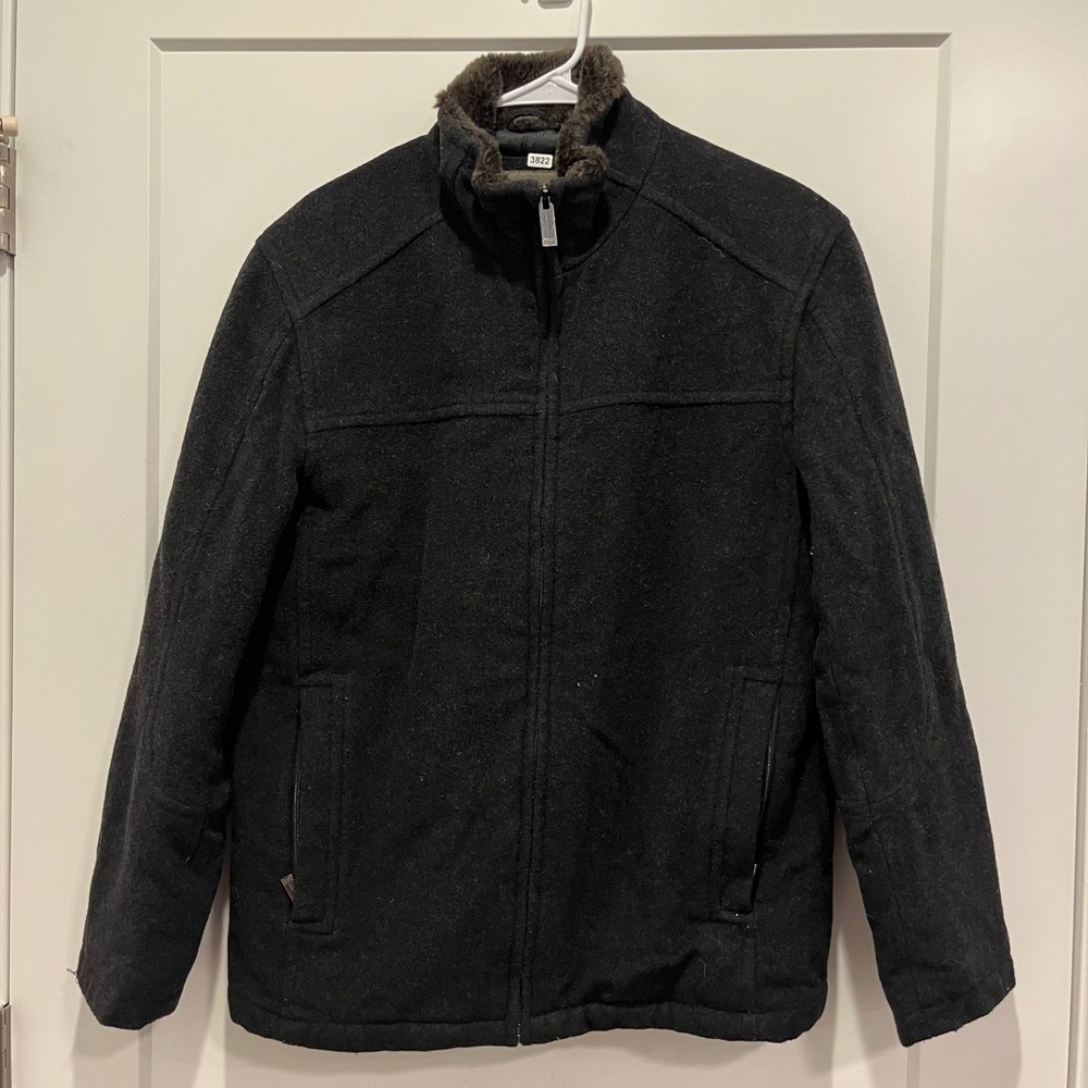 Marc New York Andrew Marc Mens Wool Blend Full Zip Faux Fur Collar Jacket Gray S